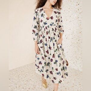 Ulla Johnson Isabeau Dress – Ivory Floral, V-Neck Midi, Size 0